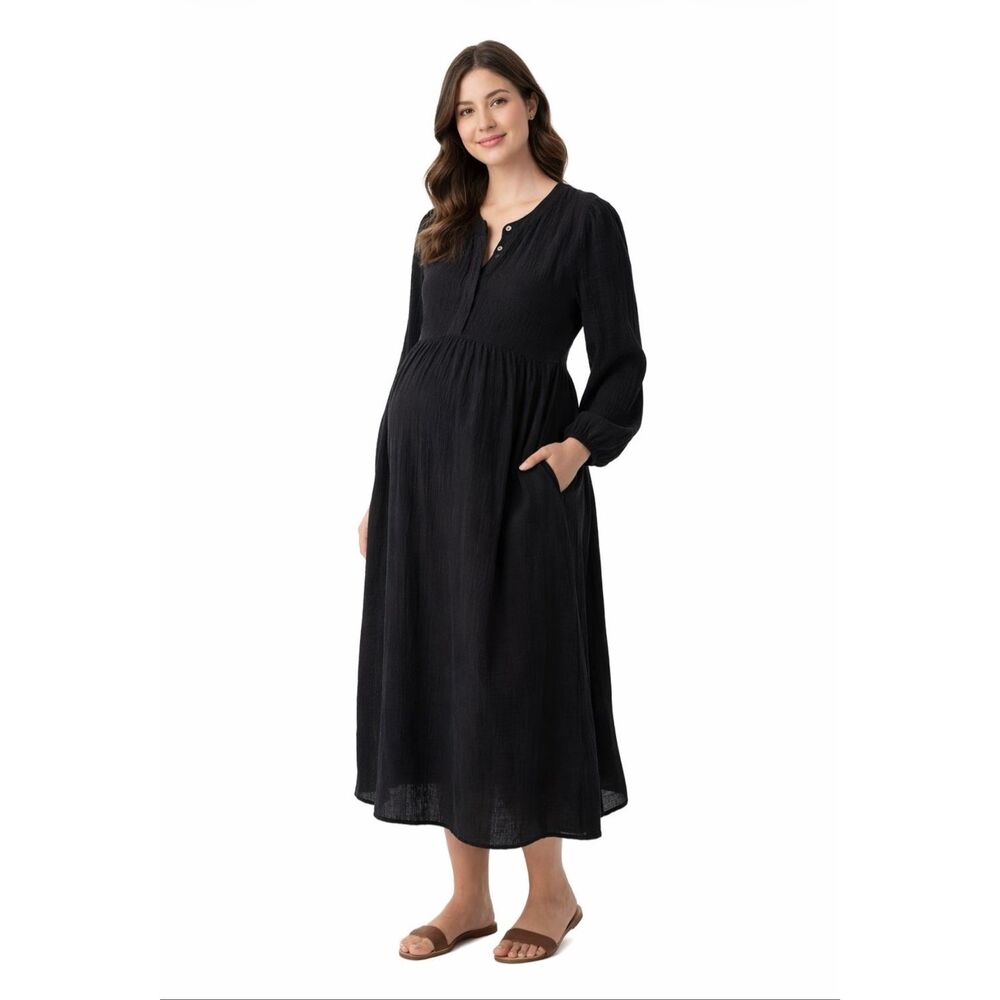 Frances Hart Black Maternity Gauze Midi Dress | Pockets | Made in Italy | XS